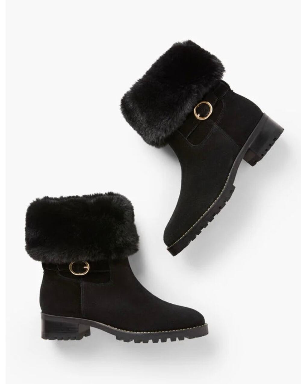 Talbots Womens 7 Black Suede Tish Foldover Faux-Fur Lined Lug Ankle Boot Winter